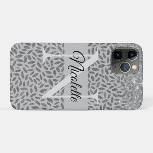 Zilveren Glittery Feathers Monogram Elegant Case-Mate iPhone Case (Achterkant (horizontaal))