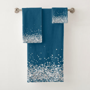 Zilveren Glittery Glam Edging op Blauwe Badhanddoe Bad Handdoek