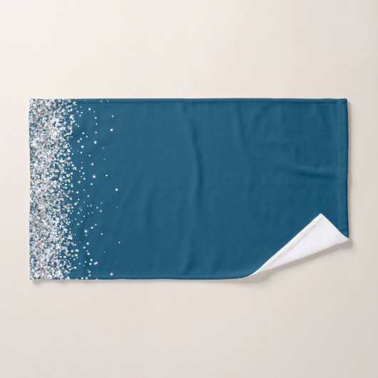 Zilveren Glittery Glam Edging op Blauwe Badhanddoe Bad Handdoek (Handdoek)