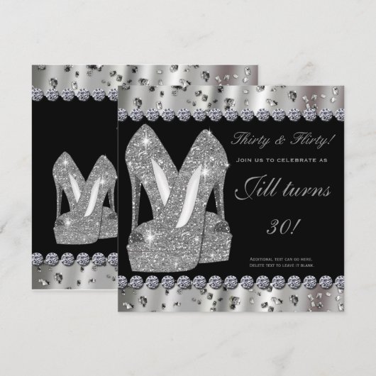 Zilveren glittery hoge hakken schoenen party uitno kaart (Voorkant / Achterkant)