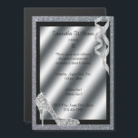 Zilveren Glittery Stiletto & Streamers 18e verjaar Magnetische Uitnodiging<br><div class="desc">Mooie glittery zilver elegante gepersonaliseerde / gepersonaliseerde aangepaste magnetische 18e verjaardag feestviering uitnodigingen voor vrouwen en meisjes. Een prachtig ontwerp van een zilveren glitterrand met zwarte binnenste textuurrand en een zilverkleurig papier glanzend afbeelding. In de linker benedenhoek is een stiletto hoge hak mode schoen van glitz en glam bling strass...</div>