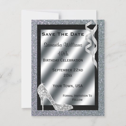Zilveren Glittery Stiletto & Streamers 40e verjaar Magnetische Uitnodiging (Voorkant)