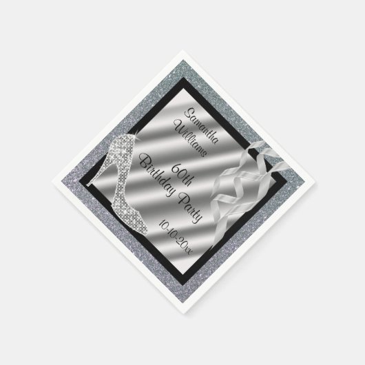 Zilveren Glittery Stiletto & Streamers 60ste verja Servet (Hoek)