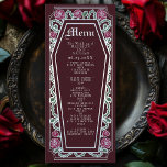Zilveren Gotische Kist Roos Rood Trouwmenu Menu<br><div class="desc">Voeg een vleugje gotische elegantie toe aan uw feest met deze huwelijksmenu's met een kistvormig lijst, versierd met doornen, rozen en zilveren accenten tegen een rijke rode achtergrond. Perfect voor een spookachtig romantische eetervaring! Pas de tekst, het lettertype en de achtergrondkleur aan uw ontwerpvoorkeuren aan. Overeenkomende items in onze winkel...</div>