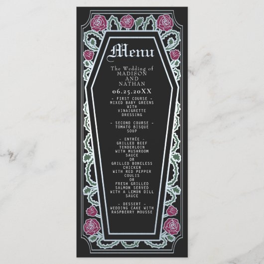 Zilveren Gotische Kist Roos Zwart Trouwmenu Menu (Voorkant)