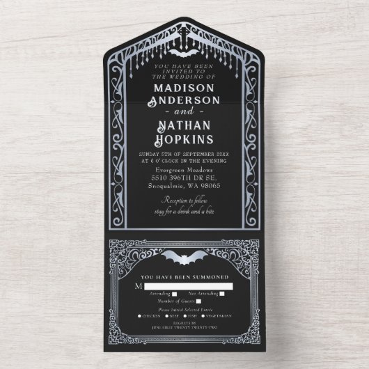 Zilveren Gotische Vampier Kathedraal bruiloft All In One Uitnodiging (Binnen)