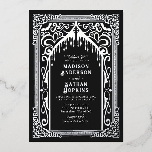 Zilveren Gotische Vampier Kathedraal bruiloft Folie Uitnodiging (Voorkant)