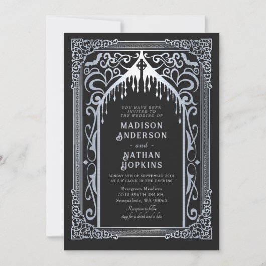 Zilveren Gotische Vampier Kathedraal bruiloft Kaart (Voorkant)