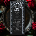 Zilveren Gotische Vampier Kathedraal Wedding Menu<br><div class="desc">Nodig uw bruiloftsgasten uit met dit elegante en gotische ontwerp. Perfect voor een gotische of Halloween thema-bruiloft. Overeenkomende items in onze winkel voor een compleet feestthema. Houd er rekening mee dat het zilver op de labels GEEN echte folie is en in platte kleuren is afgedrukt</div>