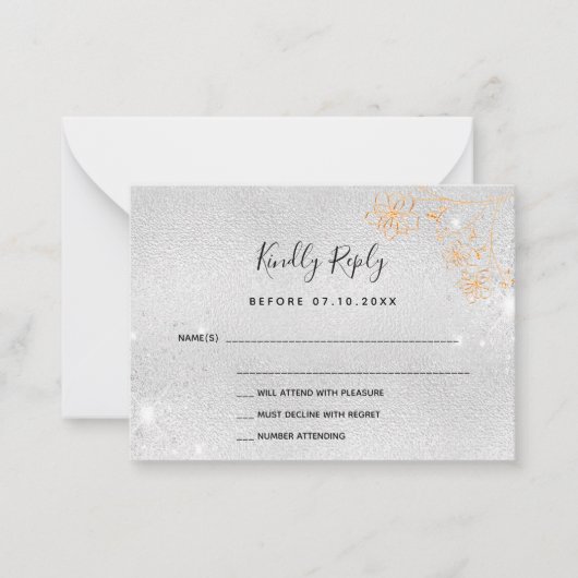 Zilveren gouden bloemen bruiloft RSVP Notitiekaartje (Voorkant)