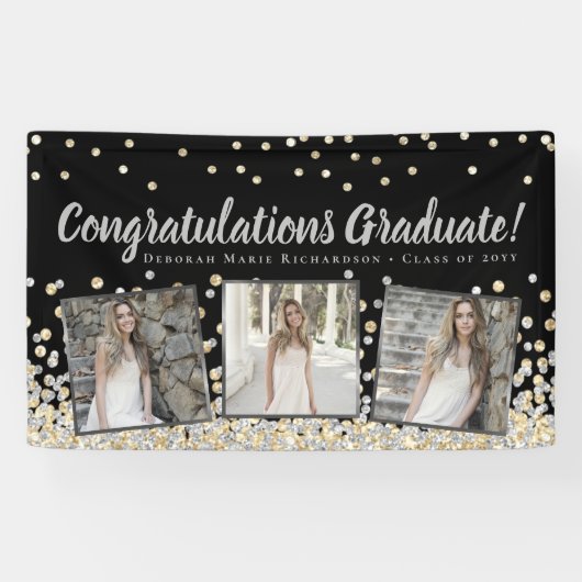 Zilveren Gouden Confetti Fotocollage Afstuderen Spandoek (Horizontaal)