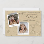 Zilveren, gouden glitter vleermuis mitswa uitnodig kaart (Voorkant)