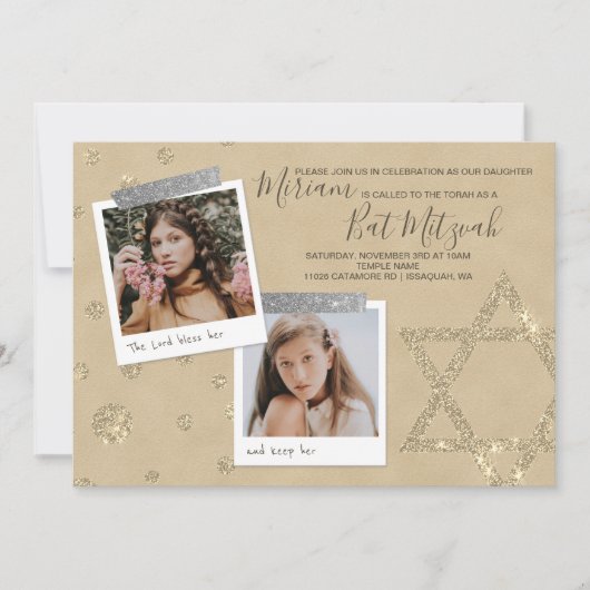 Zilveren, gouden glitter vleermuis mitswa uitnodig kaart (Voorkant)