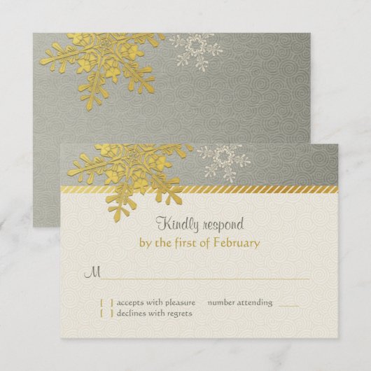Zilveren Gouden Sneeuwvlok Winter Huwelijk Antwoor RSVP Kaartje (Voorkant / Achterkant)