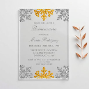 Zilveren Gouden Sneeuwvlok Winter Quinceanera Acryl Uitnodigingen