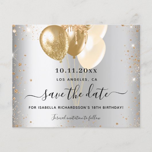 Zilveren gouden verjaardagsballonnen save the date (Voorkant)