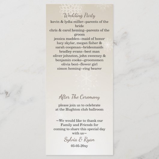 zilveren goudsneeuwvlokken wintertrouwprogramma's programmakaart (Achterkant)