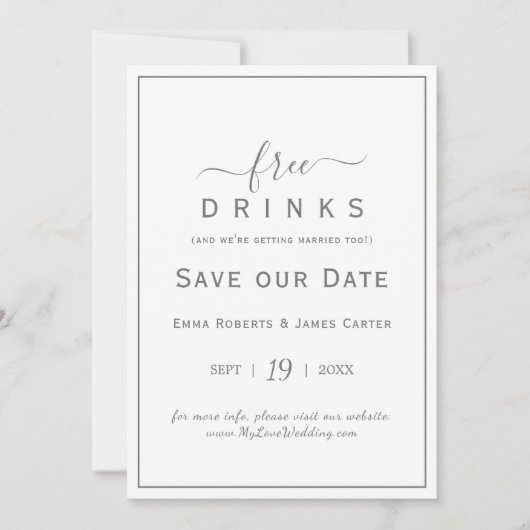 Zilveren Gratis Drankjes Save the Date Kaart (Voorkant)