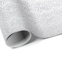 Zilveren Grijs Bloemen Damast Floral Royal Stripes Cadeaupapier