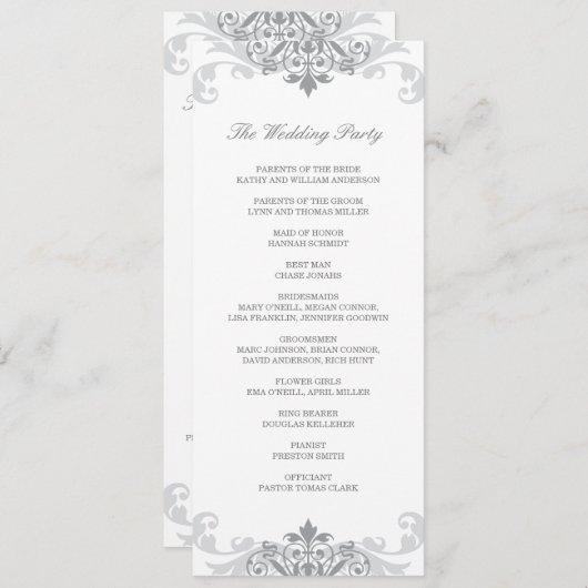 Zilveren Grijs Elegant Ironwork Details Bruiloft Programmakaart (Voorkant / Achterkant)