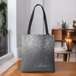 Zilveren Grijs Meisjesachtige Glitter Fonkel Monog Tote Bag