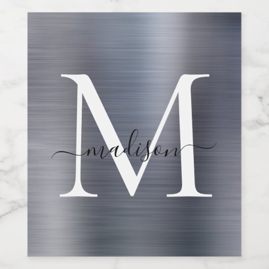 Zilveren Grijs Monogram Girly Script Metallic Stee Wijn Etiket (Enkel label)