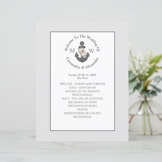 Zilveren Grijs Nautische Bloemen Anker Trouwprogra (Staand voorkant)