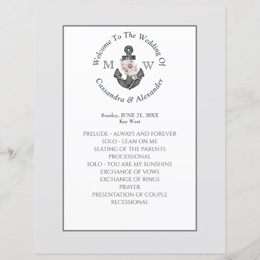 Zilveren Grijs Nautische Bloemen Anker Trouwprogra (Voorkant)