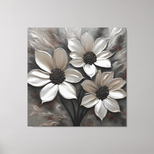 Zilveren Grijs Zwart Modern Floral Canvas Afdruk (Voorkant)