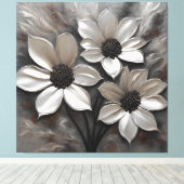 Zilveren Grijs Zwart Modern Floral Canvas Afdruk (Insitu (Houten vloer))
