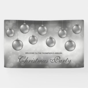 Zilveren grijze ballen op rode bokeh - Kerstfeest Spandoek