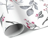 Zilveren grijze bladeren en twijgen met rode besse cadeaupapier (Rol Hoek)