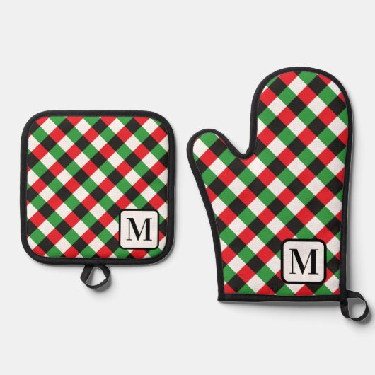 Zilveren Grijze Buffel Plaid Gingham Monogrammed Ovenwant & Pannenlap Set (Voorkant)