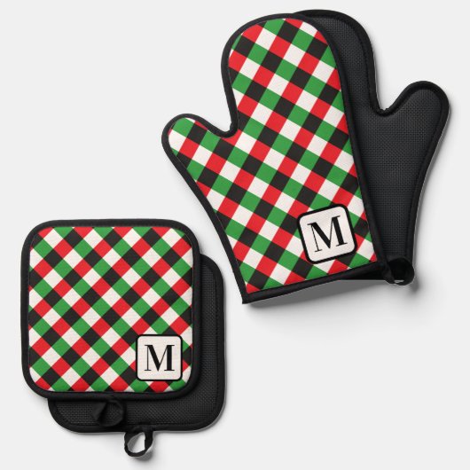 Zilveren Grijze Buffel Plaid Gingham Monogrammed Ovenwant & Pannenlap Set (Voorkant / Achterkant)