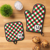 Zilveren Grijze Buffel Plaid Gingham Monogrammed Ovenwant & Pannenlap Set (Top down)