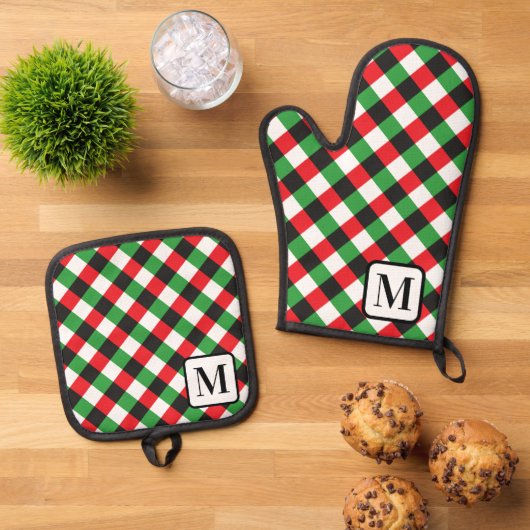Zilveren Grijze Buffel Plaid Gingham Monogrammed Ovenwant & Pannenlap Set (Top down)
