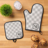 Zilveren Grijze Buffel Plaid Gingham Monogrammed Ovenwant & Pannenlap Set (Top down)