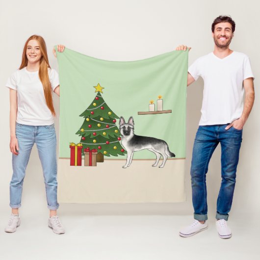 Zilveren grijze Duitse herder feestelijke kerstboo Fleece Deken (In situ)
