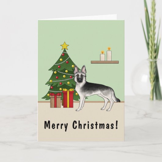 Zilveren grijze Duitse herder feestelijke kerstboo Kaart (Voorkant)