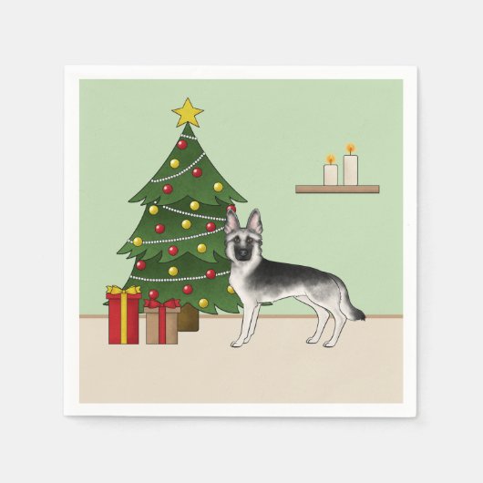 Zilveren grijze Duitse herder feestelijke kerstboo Servet (Voorkant)