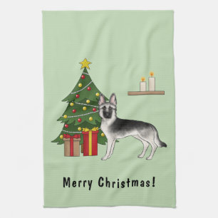 Zilveren grijze Duitse herder feestelijke kerstboo Theedoek