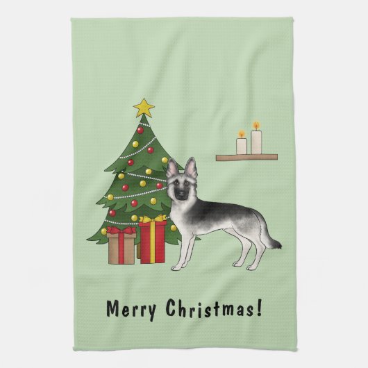 Zilveren grijze Duitse herder feestelijke kerstboo Theedoek (Verticaal)