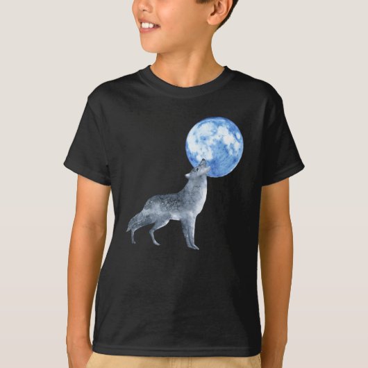 Zilveren Grijze Geest Wolf Huilen bij Blauwe Maan T-shirt (Voorkant)
