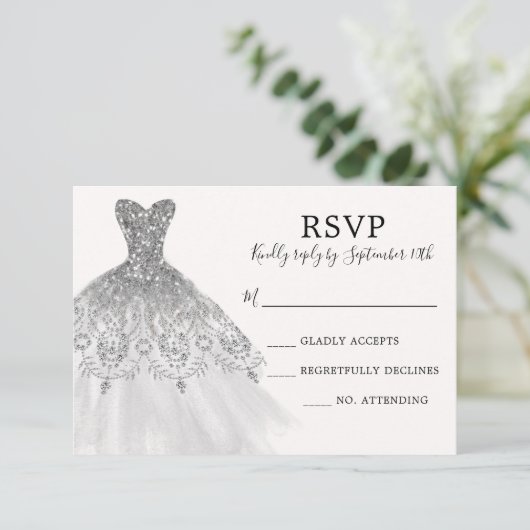 Zilveren Grijze Glitter Sparkle Dress Gown Script RSVP Kaartje (Staand voorkant)