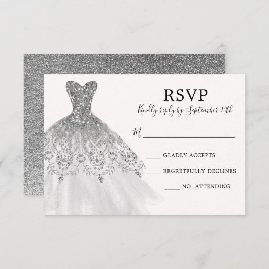 Zilveren Grijze Glitter Sparkle Dress Gown Script RSVP Kaartje (Voorkant / Achterkant)