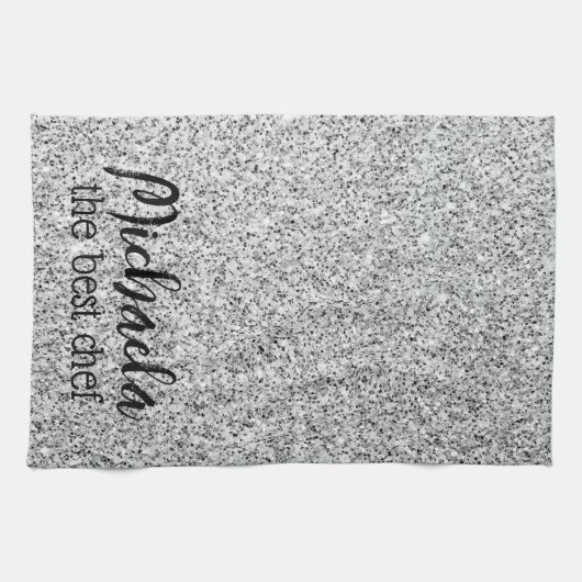 Zilveren grijze glitter sparkles Aangepaste naam b Theedoek (Horizontaal)