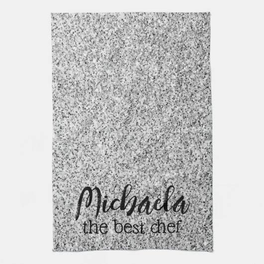 Zilveren grijze glitter sparkles Aangepaste naam b Theedoek (Verticaal)