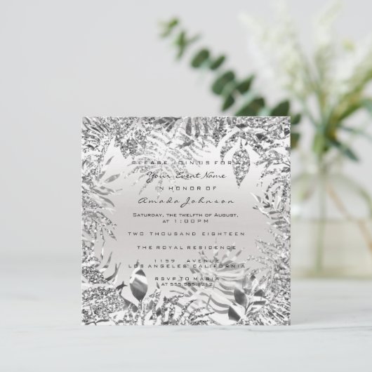 Zilveren grijze glittersMetaal Tropisch blad Wit f Kaart (Staand voorkant)