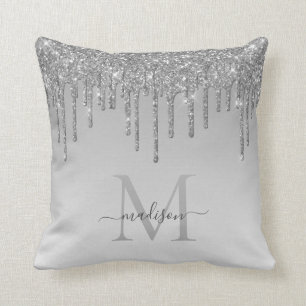 Zilveren grijze glittersparels glam monogram schri kussen