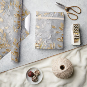 Zilveren Grijze Gouden Bladeren Cadeaupapier